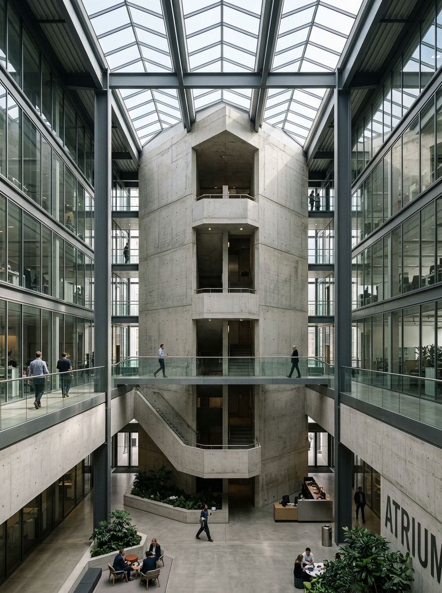 Modern brutalist corporate atrium — glass and steel